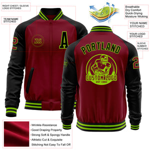 Custom Crimson Black-Neon Green Bomber Varsity Letterman Two Tone Zipper Jacket