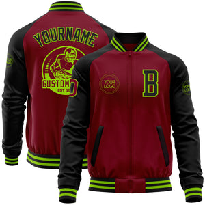 Custom Crimson Black-Neon Green Bomber Varsity Letterman Two Tone Zipper Jacket