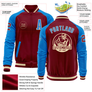 Custom Crimson Powder Blue Cream-Maroon Bomber Varsity Letterman Two Tone Zipper Jacket