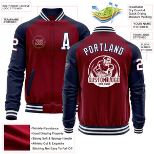 Custom Crimson White-Navy Bomber Varsity Letterman Two Tone Zipper Jacket