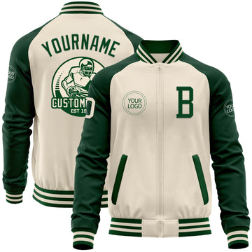 Custom Cream Green Bomber Varsity Letterman Two Tone Zipper Jacket