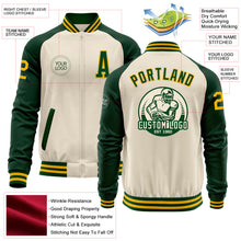 Load image into Gallery viewer, Custom Cream Gold-Green Bomber Varsity Letterman Two Tone Zipper Jacket
