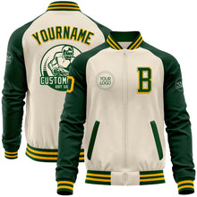 Load image into Gallery viewer, Custom Cream Gold-Green Bomber Varsity Letterman Two Tone Zipper Jacket
