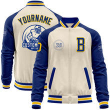 Load image into Gallery viewer, Custom Cream Yellow Royal-White Bomber Varsity Letterman Two Tone Zipper Jacket
