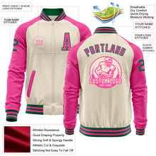 Load image into Gallery viewer, Custom Cream Kelly Green-Pink Bomber Varsity Letterman Two Tone Zipper Jacket
