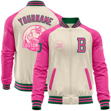 Load image into Gallery viewer, Custom Cream Kelly Green-Pink Bomber Varsity Letterman Two Tone Zipper Jacket
