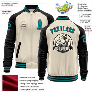 Custom Cream Teal-Black Bomber Varsity Letterman Two Tone Zipper Jacket