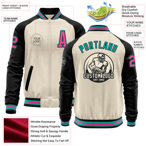 Custom Cream Pink Black-Aqua Bomber Varsity Letterman Two Tone Zipper Jacket