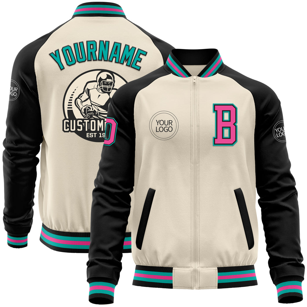 Custom Cream Pink Black-Aqua Bomber Varsity Letterman Two Tone Zipper Jacket