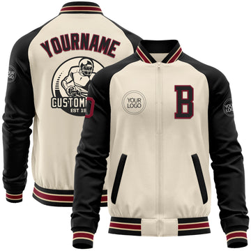 Custom Cream Crimson Black-City Cream Bomber Varsity Letterman Two Tone Zipper Jacket