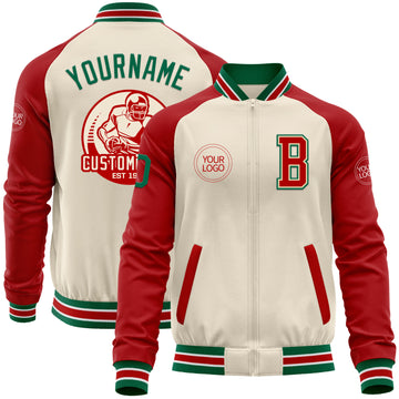 Custom Cream Kelly Green Red-White Bomber Varsity Letterman Two Tone Zipper Jacket