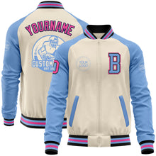 Load image into Gallery viewer, Custom Cream Pink Black-Light Blue Bomber Varsity Letterman Two Tone Zipper Jacket
