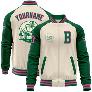 Custom Cream Pink-Kelly Green Bomber Varsity Letterman Two Tone Zipper Jacket