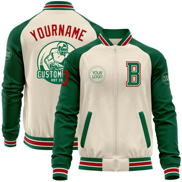 Custom Cream Red Kelly Green-White Bomber Varsity Letterman Two Tone Zipper Jacket