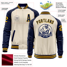 Load image into Gallery viewer, Custom Cream Gold-Navy Bomber Varsity Letterman Two Tone Zipper Jacket
