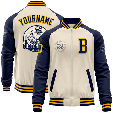 Custom Cream Gold-Navy Bomber Varsity Letterman Two Tone Zipper Jacket