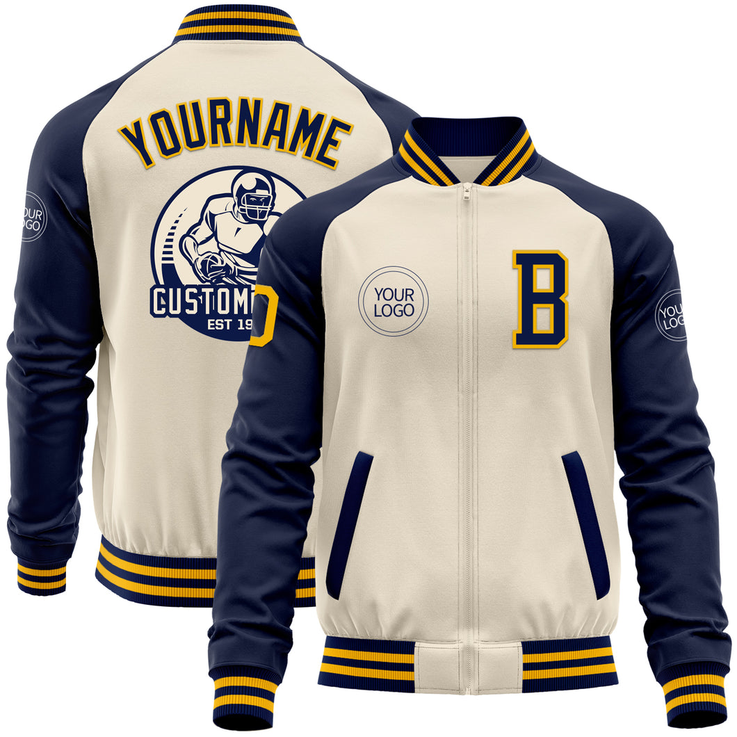 Custom Cream Gold-Navy Bomber Varsity Letterman Two Tone Zipper Jacket