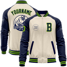 Load image into Gallery viewer, Custom Cream Neon Green-Navy Bomber Varsity Letterman Two Tone Zipper Jacket
