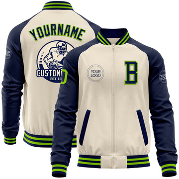 Custom Cream Neon Green-Navy Bomber Varsity Letterman Two Tone Zipper Jacket