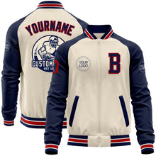 Load image into Gallery viewer, Custom Cream Red Navy-White Bomber Varsity Letterman Two Tone Zipper Jacket
