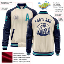 Load image into Gallery viewer, Custom Cream Teal Gray-Navy Bomber Varsity Letterman Two Tone Zipper Jacket
