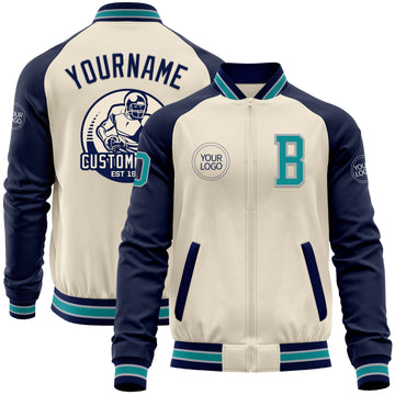 Custom Cream Teal Gray-Navy Bomber Varsity Letterman Two Tone Zipper Jacket