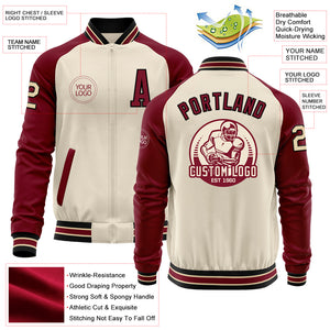 Custom Cream Black Crimson-City Cream Bomber Varsity Letterman Two Tone Zipper Jacket