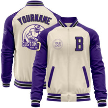 Load image into Gallery viewer, Custom Cream Black Purple-White Bomber Varsity Letterman Two Tone Zipper Jacket
