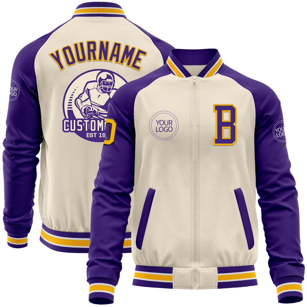 Custom Cream Gold Black Purple-White Bomber Varsity Letterman Two Tone Zipper Jacket