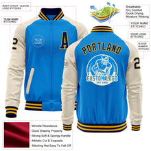 Load image into Gallery viewer, Custom Powder Blue Navy Gold-Cream Bomber Varsity Letterman Two Tone Zipper Jacket
