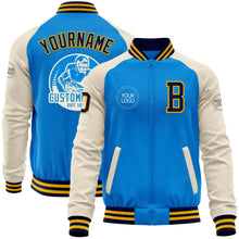 Load image into Gallery viewer, Custom Powder Blue Navy Gold-Cream Bomber Varsity Letterman Two Tone Zipper Jacket
