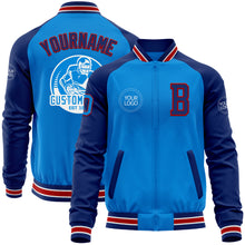 Load image into Gallery viewer, Custom Powder Blue Red-Royal Bomber Varsity Letterman Two Tone Zipper Jacket
