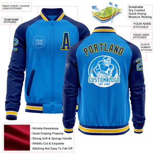 Custom Powder Blue Yellow-Royal Bomber Varsity Letterman Two Tone Zipper Jacket