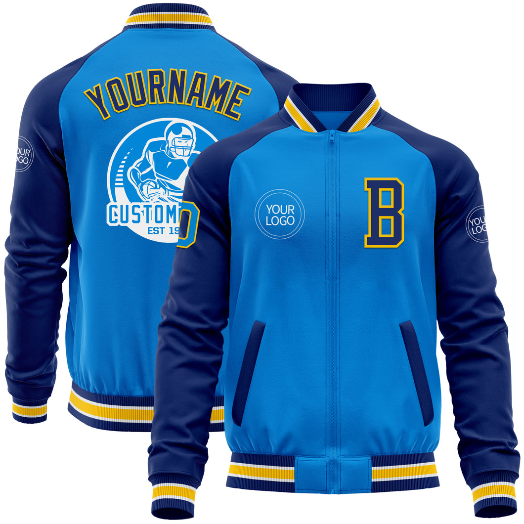 Custom Powder Blue Yellow-Royal Bomber Varsity Letterman Two Tone Zipper Jacket