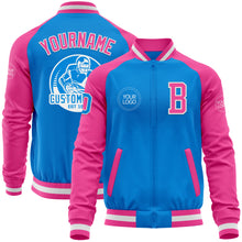 Load image into Gallery viewer, Custom Powder Blue White-Pink Bomber Varsity Letterman Two Tone Zipper Jacket
