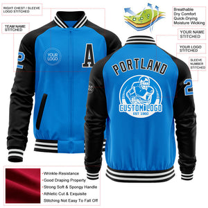 Custom Powder Blue White-Black Bomber Varsity Letterman Two Tone Zipper Jacket