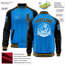 Load image into Gallery viewer, Custom Powder Blue Old Gold-Black Bomber Varsity Letterman Two Tone Zipper Jacket
