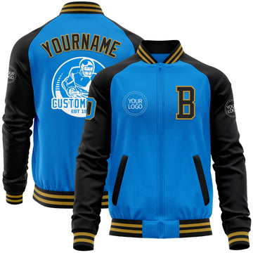 Custom Powder Blue Old Gold-Black Bomber Varsity Letterman Two Tone Zipper Jacket