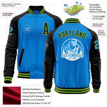 Load image into Gallery viewer, Custom Powder Blue Neon Green-Black Bomber Varsity Letterman Two Tone Zipper Jacket
