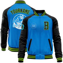 Load image into Gallery viewer, Custom Powder Blue Neon Green-Black Bomber Varsity Letterman Two Tone Zipper Jacket
