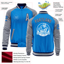 Load image into Gallery viewer, Custom Powder Blue Navy-Gray Bomber Varsity Letterman Two Tone Zipper Jacket
