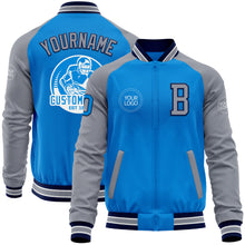 Load image into Gallery viewer, Custom Powder Blue Navy-Gray Bomber Varsity Letterman Two Tone Zipper Jacket
