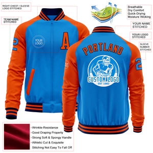 Custom Powder Blue Navy-Orange Bomber Varsity Letterman Two Tone Zipper Jacket