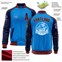 Load image into Gallery viewer, Custom Powder Blue Orange-Navy Bomber Varsity Letterman Two Tone Zipper Jacket
