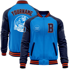 Load image into Gallery viewer, Custom Powder Blue Orange-Navy Bomber Varsity Letterman Two Tone Zipper Jacket
