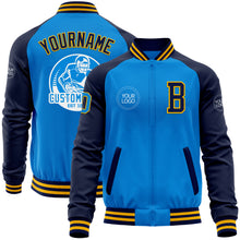 Load image into Gallery viewer, Custom Powder Blue Gold-Navy Bomber Varsity Letterman Two Tone Zipper Jacket
