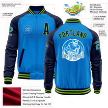 Load image into Gallery viewer, Custom Powder Blue Neon Green-Navy Bomber Varsity Letterman Two Tone Zipper Jacket
