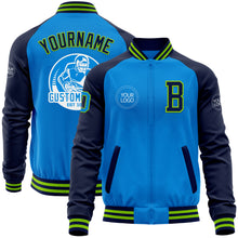 Load image into Gallery viewer, Custom Powder Blue Neon Green-Navy Bomber Varsity Letterman Two Tone Zipper Jacket
