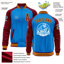 Load image into Gallery viewer, Custom Powder Blue Gold-Crimson Bomber Varsity Letterman Two Tone Zipper Jacket
