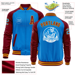 Custom Powder Blue Gold-Crimson Bomber Varsity Letterman Two Tone Zipper Jacket